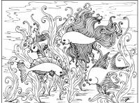 Сложная раскраска с рыбами Скачать сложные раскраски