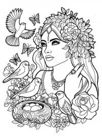 Девушка с цветами и птицами Раскраски для снятия стресса