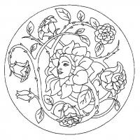 Цветок с лицом девушки, роза с шипами в круге Раскраски для взрослых антистресс