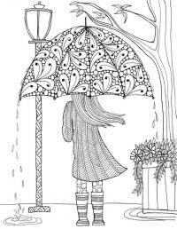 Девушка идет по улице под зонтом под светом фонаря Раскраски для взрослых антистресс