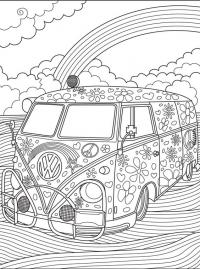 Микроавтобус фольцваген, ретро автомобиль едет по полю на фоне радуги Раскраски для взрослых антистресс