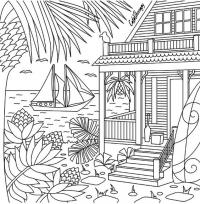 Дом на берегу моря и яхта Раскраски для взрослых антистресс