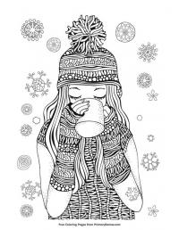 Девочка пьет кофе в зимней шапке среди снежинок Раскраски для взрослых скачать