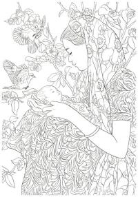 Мама в платке держит новорожденного малыша среди цветов и птиц Раскраски для взрослых антистресс