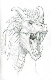 Голова дракона с открытой зубастой пастью и рогами Раскраски для взрослых скачать