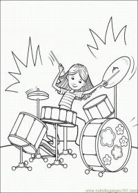 Девочка играет на ударной установке. девочка среди барабанов Раскраски для взрослых скачать