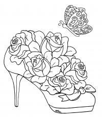 Бабочка и розы в туфле Раскраски для снятия стресса
